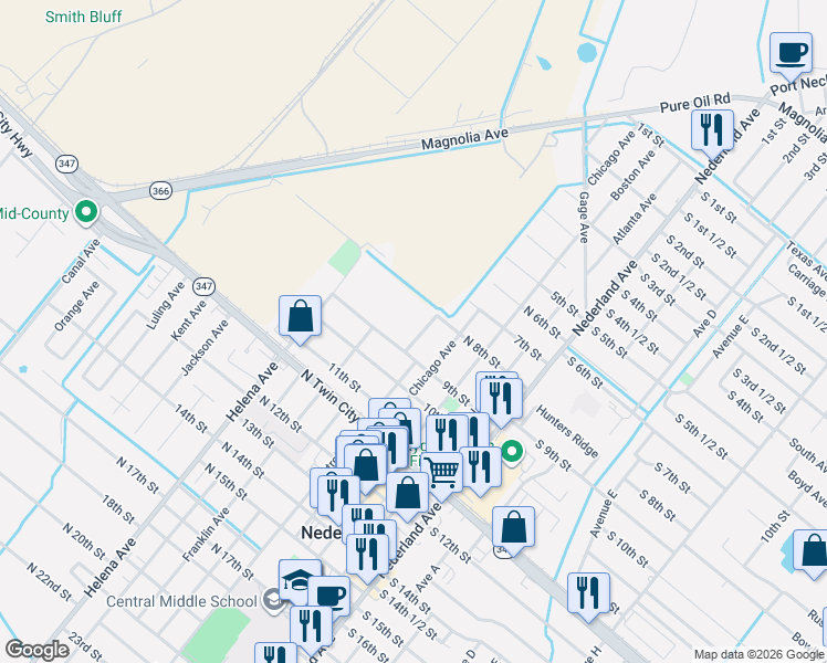 map of restaurants, bars, coffee shops, grocery stores, and more near 511 9th Street in Nederland