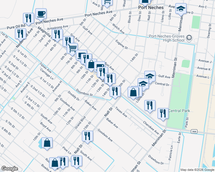map of restaurants, bars, coffee shops, grocery stores, and more near 1011 Magnolia Avenue in Port Neches