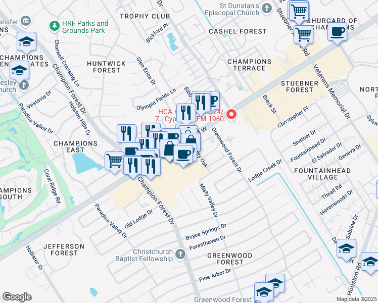 map of restaurants, bars, coffee shops, grocery stores, and more near 5203 Farm to Market 1960 Road West in Houston