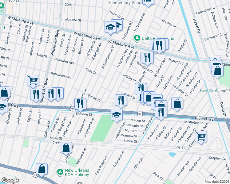 map of restaurants, bars, coffee shops, grocery stores, and more near 8205 Buras Avenue in Metairie