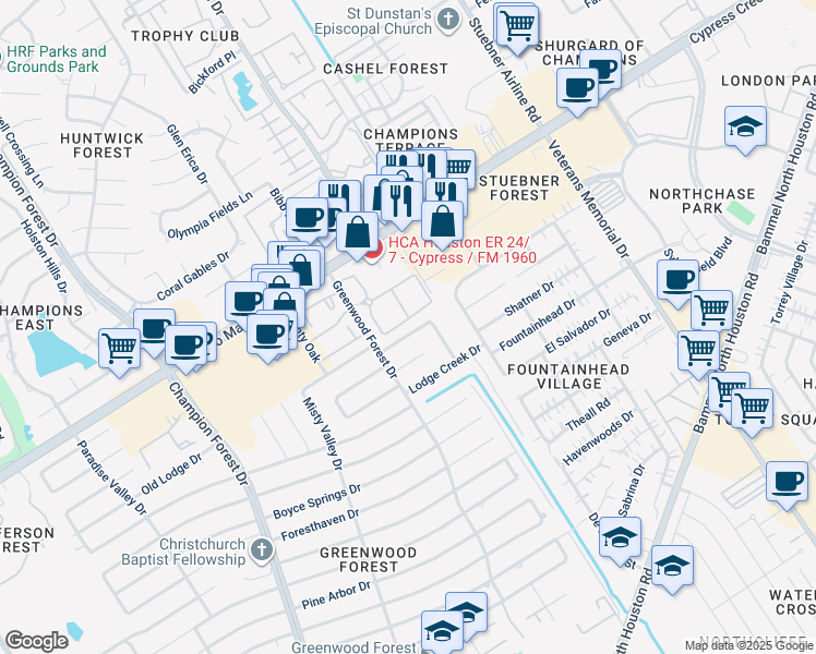 map of restaurants, bars, coffee shops, grocery stores, and more near 5110 Dana Leigh Drive in Houston