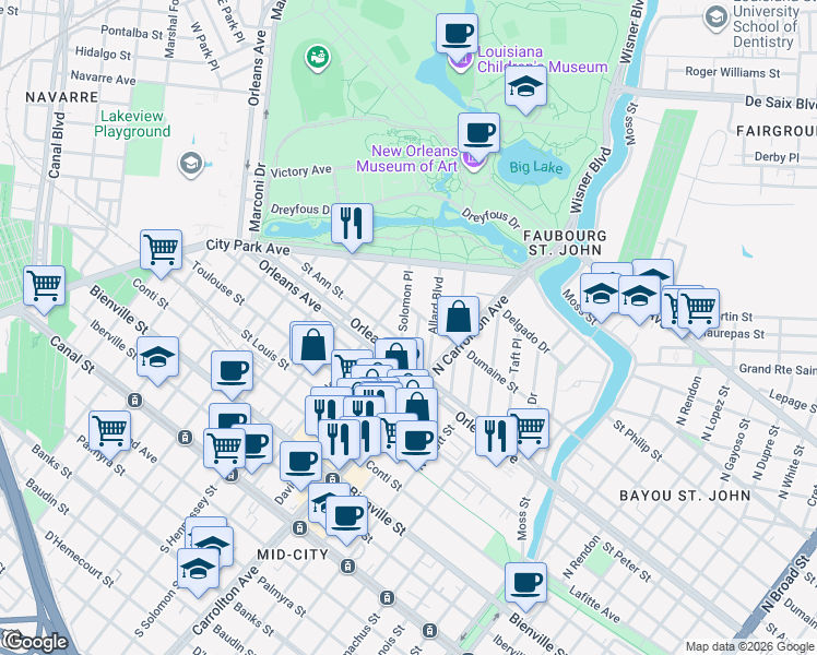 map of restaurants, bars, coffee shops, grocery stores, and more near 804 Solomon Place in New Orleans