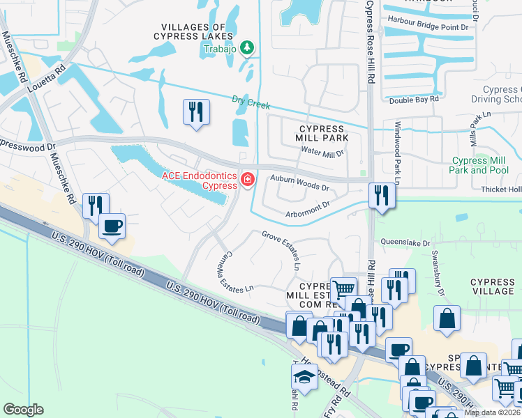 map of restaurants, bars, coffee shops, grocery stores, and more near 14522 Grove Estates Lane in Cypress