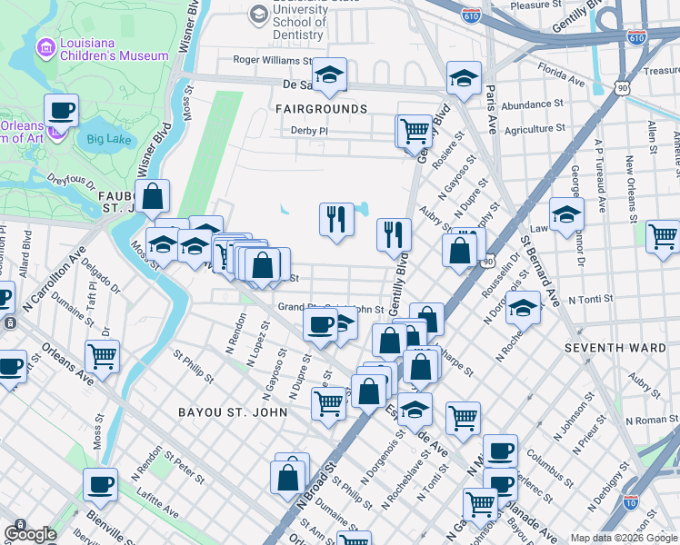 map of restaurants, bars, coffee shops, grocery stores, and more near 2917 Maurepas Street in New Orleans