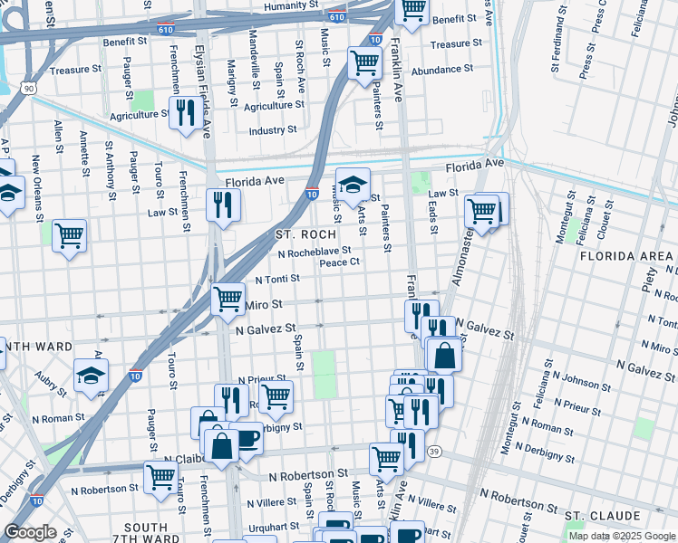 map of restaurants, bars, coffee shops, grocery stores, and more near 2219 Saint Roch Avenue in New Orleans