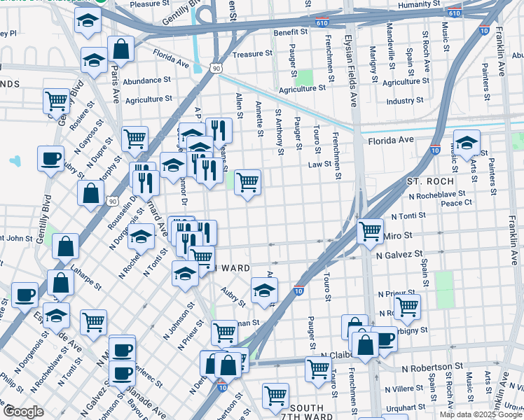 map of restaurants, bars, coffee shops, grocery stores, and more near 1949 North Tonti Street in New Orleans