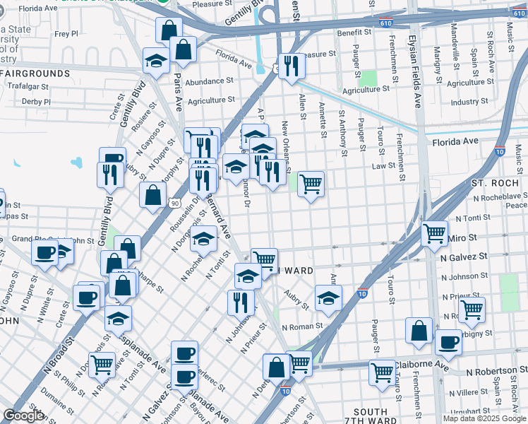 map of restaurants, bars, coffee shops, grocery stores, and more near in New Orleans