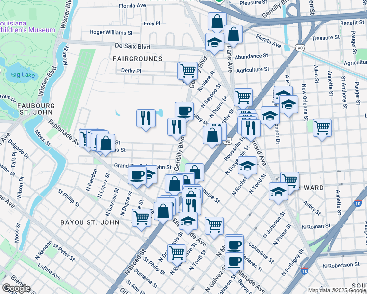 map of restaurants, bars, coffee shops, grocery stores, and more near 2721 Lapeyrouse Street in New Orleans