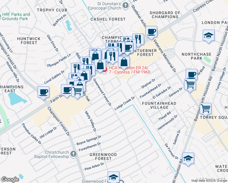 map of restaurants, bars, coffee shops, grocery stores, and more near 5110 Dana Leigh Drive in Houston