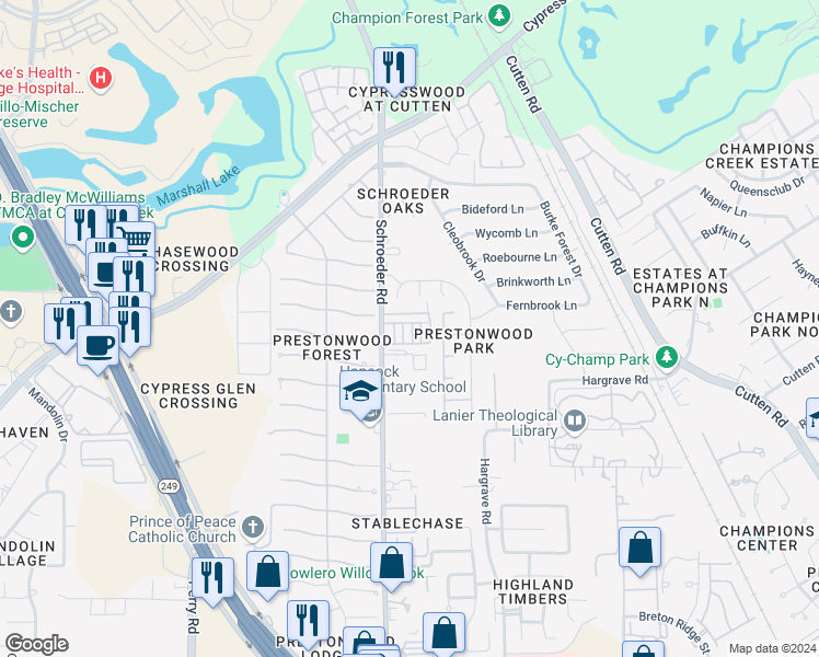 map of restaurants, bars, coffee shops, grocery stores, and more near 8103 Renmark Lane in Houston