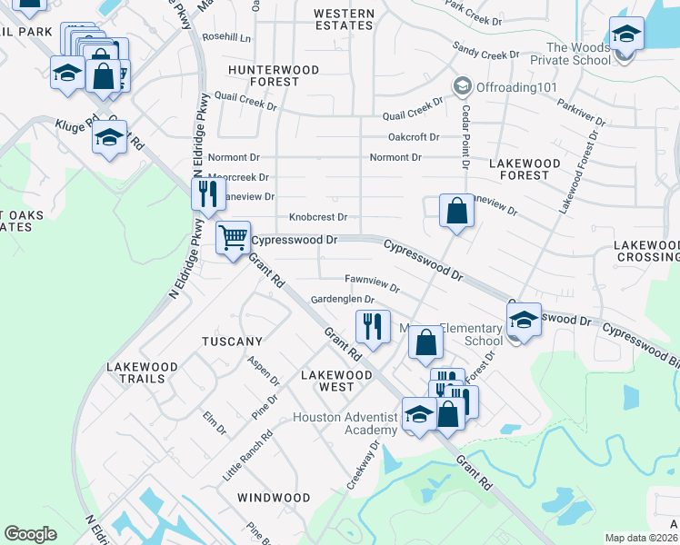 map of restaurants, bars, coffee shops, grocery stores, and more near 12010 Fawnview Drive in Houston