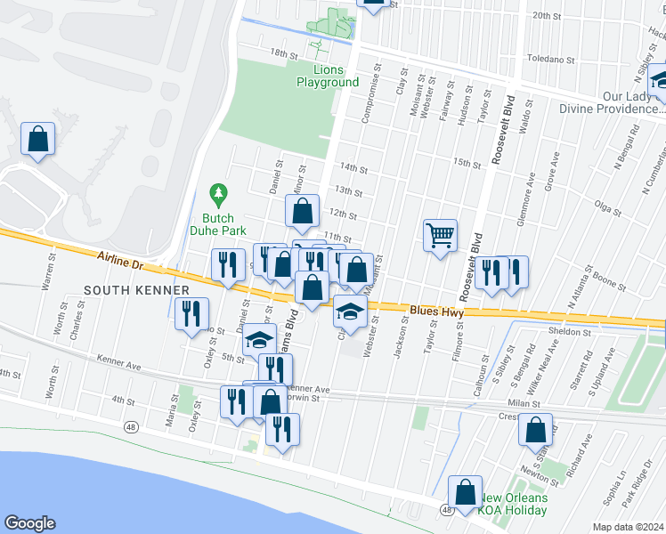 map of restaurants, bars, coffee shops, grocery stores, and more near 916 Compromise Street in Kenner