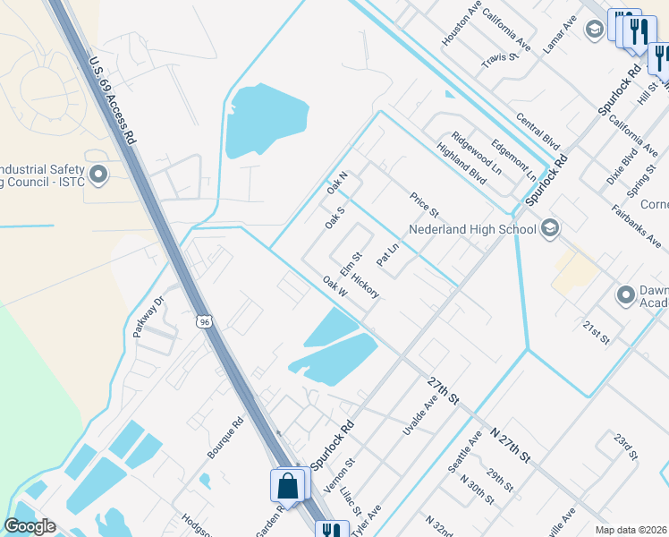 map of restaurants, bars, coffee shops, grocery stores, and more near 2812 Oak West in Nederland