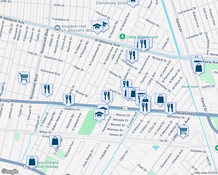 map of restaurants, bars, coffee shops, grocery stores, and more near 8106 Buras Avenue in Metairie