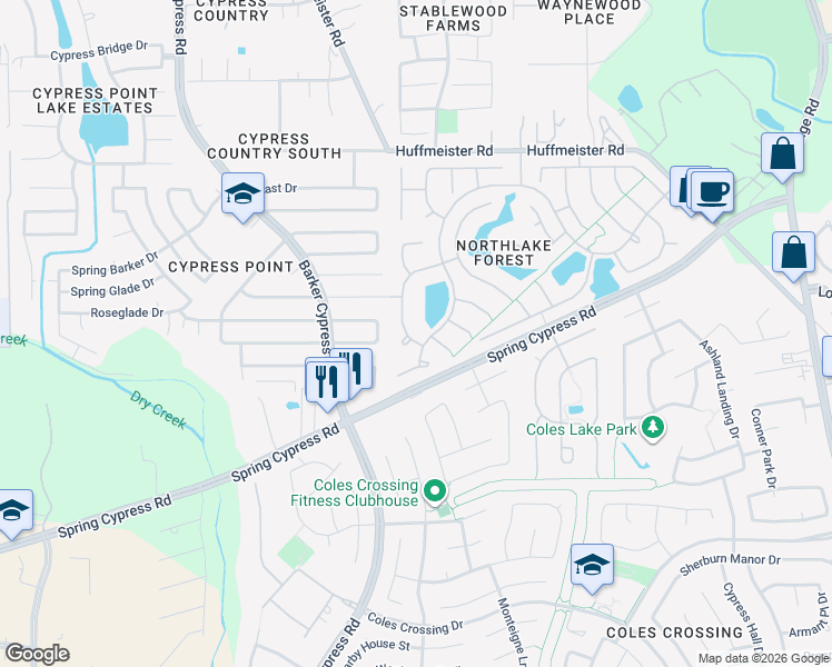 map of restaurants, bars, coffee shops, grocery stores, and more near 15910 Mill Canyon Court in Cypress