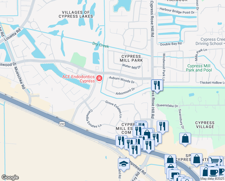 map of restaurants, bars, coffee shops, grocery stores, and more near 18406 Arbormont Drive in Cypress