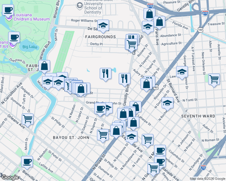 map of restaurants, bars, coffee shops, grocery stores, and more near 1751 Gentilly Boulevard in New Orleans