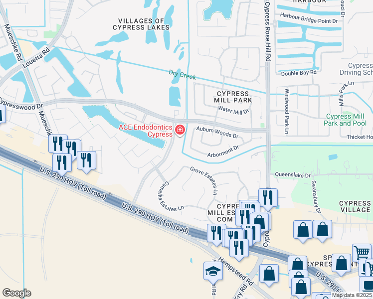map of restaurants, bars, coffee shops, grocery stores, and more near 14419 Bladenboro Drive in Cypress