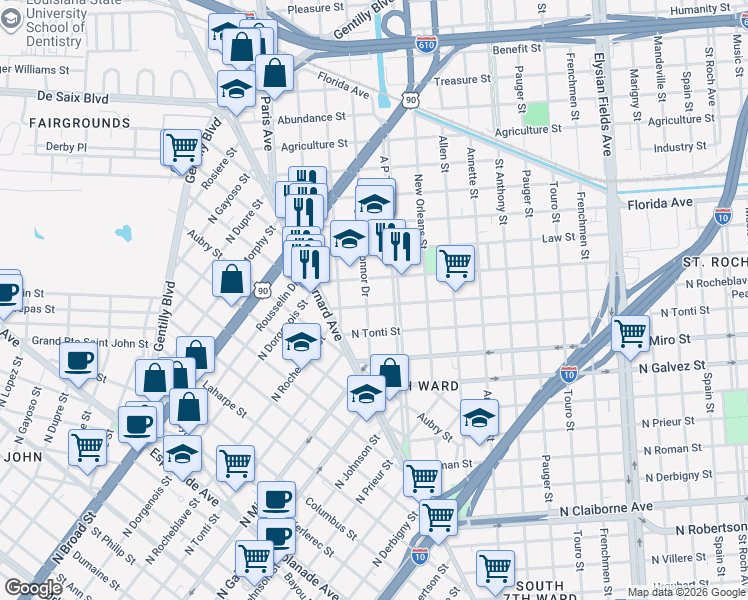map of restaurants, bars, coffee shops, grocery stores, and more near 1862 North Dorgenois Street in New Orleans