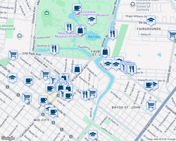 map of restaurants, bars, coffee shops, grocery stores, and more near 1463 Moss Street in New Orleans