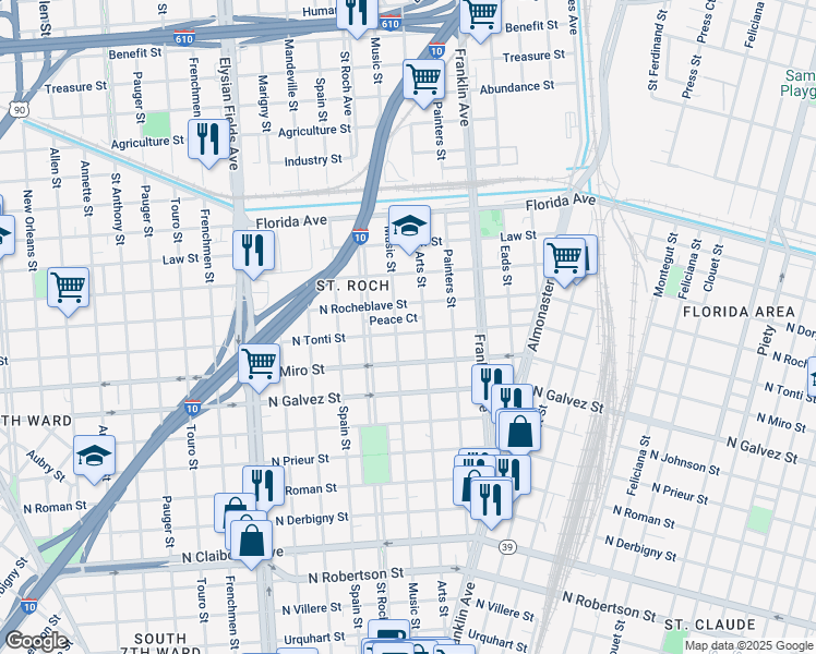 map of restaurants, bars, coffee shops, grocery stores, and more near 2634 North Rocheblave Street in New Orleans