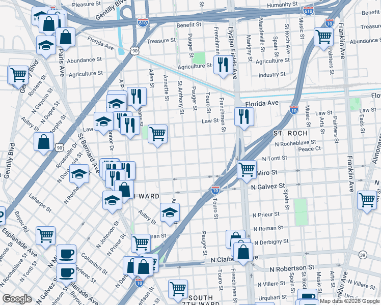 map of restaurants, bars, coffee shops, grocery stores, and more near 3119 Pauger Street in New Orleans