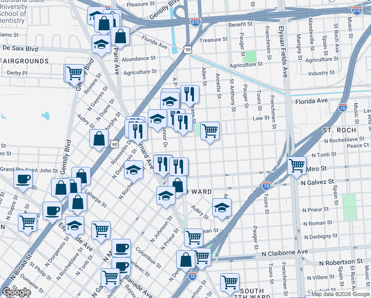 map of restaurants, bars, coffee shops, grocery stores, and more near 2442 A P Tureaud Avenue in New Orleans