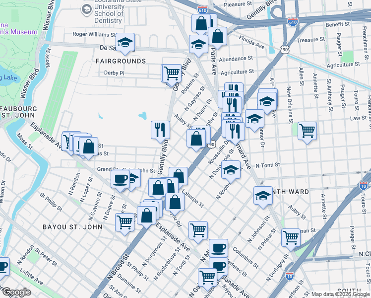 map of restaurants, bars, coffee shops, grocery stores, and more near 2713 D'Abadie Street in New Orleans