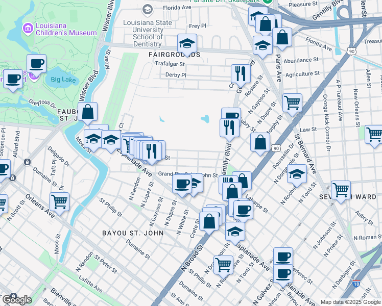 map of restaurants, bars, coffee shops, grocery stores, and more near 2 Sauvage Street in New Orleans