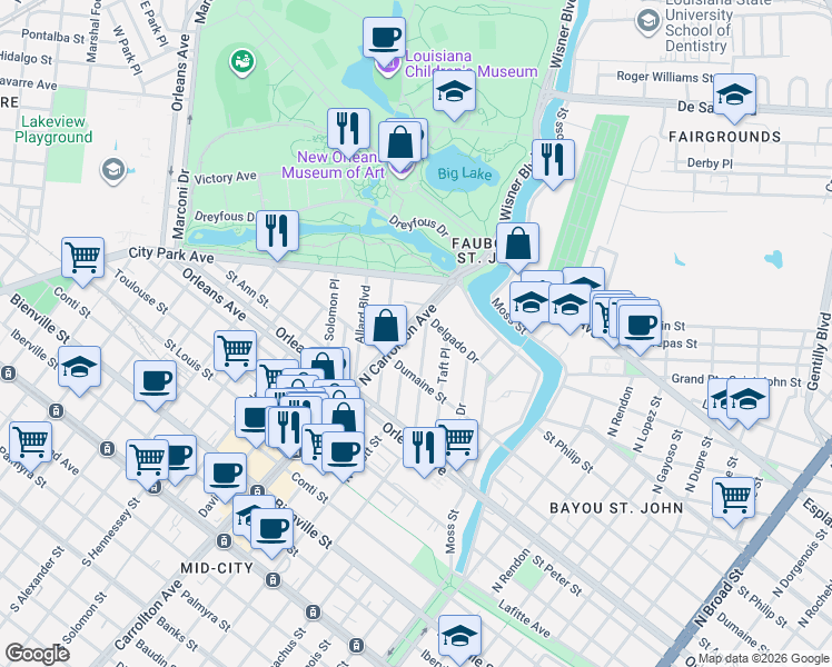 map of restaurants, bars, coffee shops, grocery stores, and more near 977 North Carrollton Avenue in New Orleans