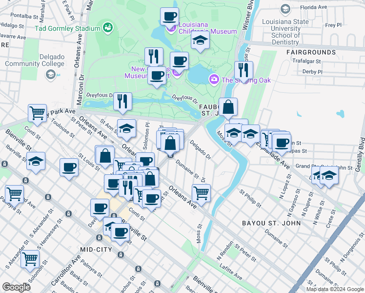map of restaurants, bars, coffee shops, grocery stores, and more near 977 North Carrollton Avenue in New Orleans