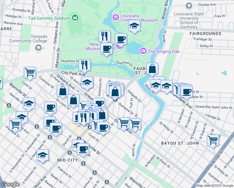 map of restaurants, bars, coffee shops, grocery stores, and more near 32 Allard Boulevard in New Orleans
