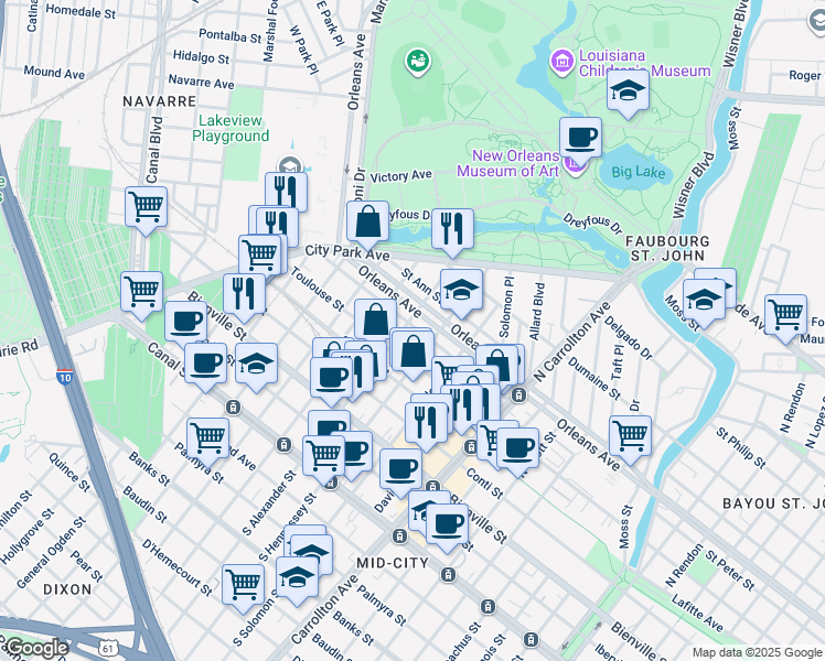 map of restaurants, bars, coffee shops, grocery stores, and more near 4428 Orleans Avenue in New Orleans