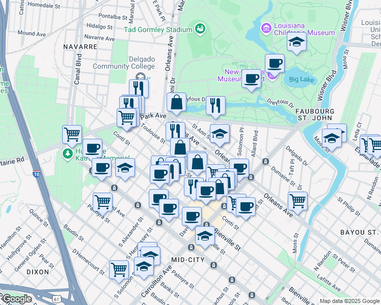 map of restaurants, bars, coffee shops, grocery stores, and more near 4428 Orleans Avenue in New Orleans