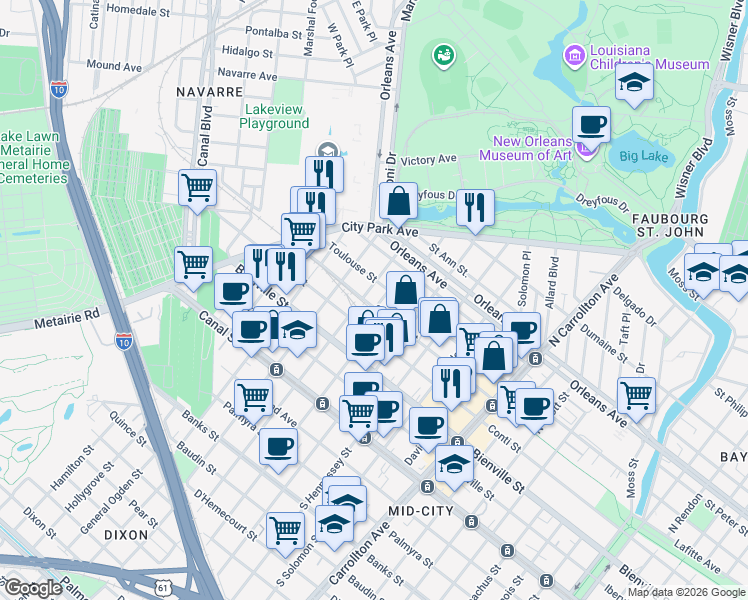 map of restaurants, bars, coffee shops, grocery stores, and more near 606 North Olympia Street in New Orleans