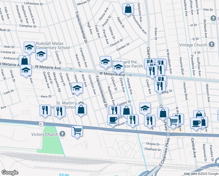 map of restaurants, bars, coffee shops, grocery stores, and more near 4816 Army Street in Metairie