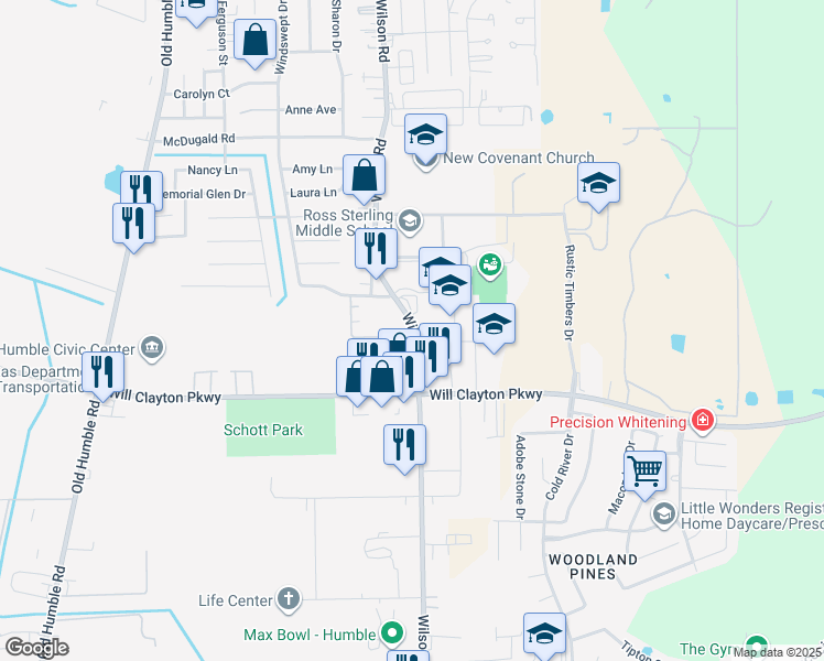 map of restaurants, bars, coffee shops, grocery stores, and more near 1404 Wilson Road in Humble