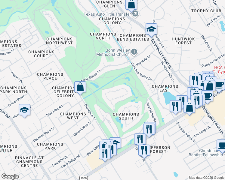 map of restaurants, bars, coffee shops, grocery stores, and more near 6130 Pebble Beach Drive in Houston