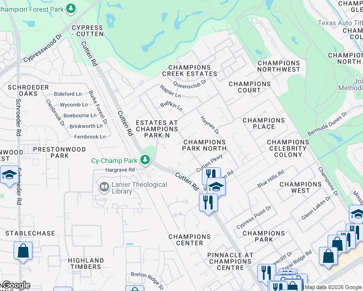 map of restaurants, bars, coffee shops, grocery stores, and more near 14115 Penny Lane in Houston