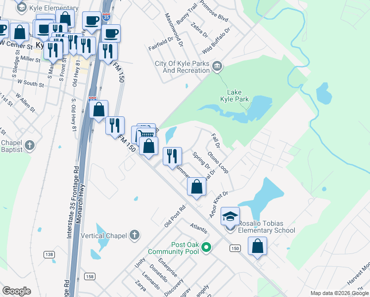 map of restaurants, bars, coffee shops, grocery stores, and more near 1185 4 Season Farm Drive in Kyle
