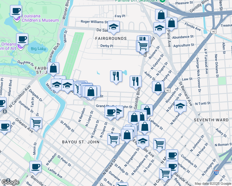 map of restaurants, bars, coffee shops, grocery stores, and more near 2 Sauvage Street in New Orleans
