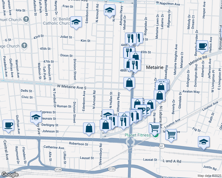 map of restaurants, bars, coffee shops, grocery stores, and more near 3400 West Metairie Avenue North in Metairie