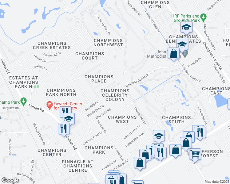 map of restaurants, bars, coffee shops, grocery stores, and more near 22 Champions Colony Street West in Houston