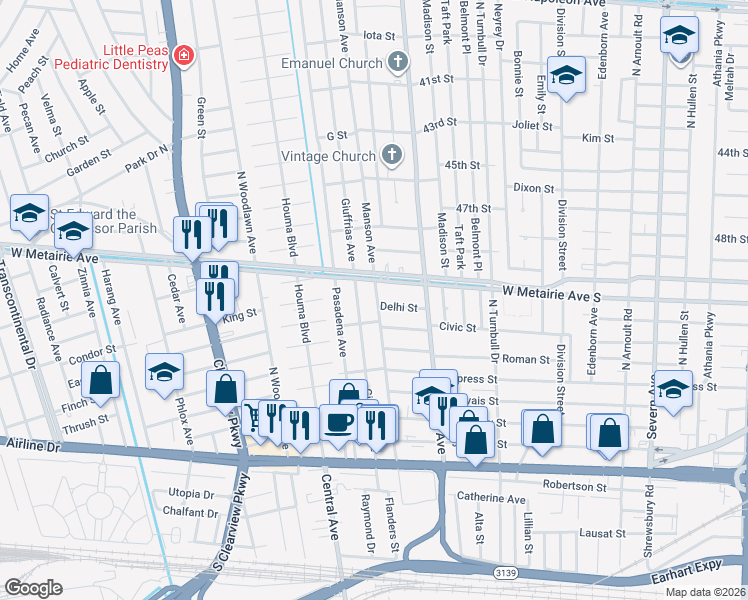 map of restaurants, bars, coffee shops, grocery stores, and more near 822 Manson Avenue in Metairie
