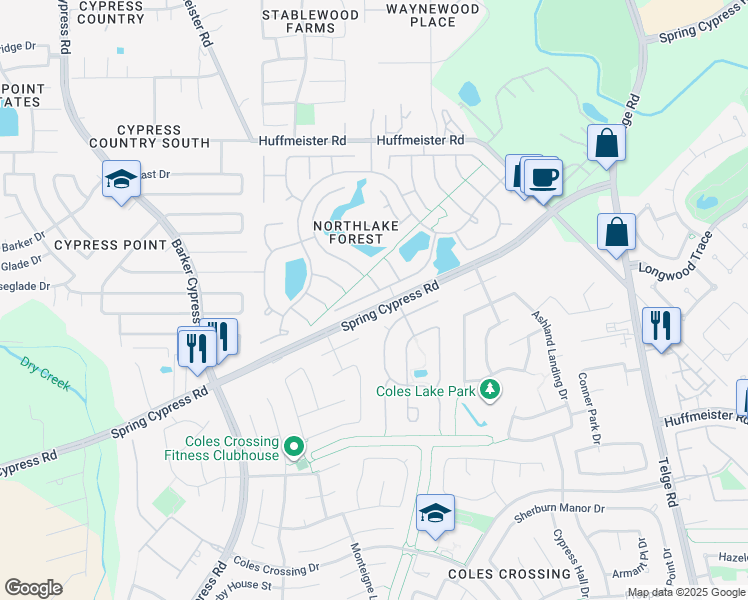 map of restaurants, bars, coffee shops, grocery stores, and more near 15715 Chapel Lake Drive in Cypress