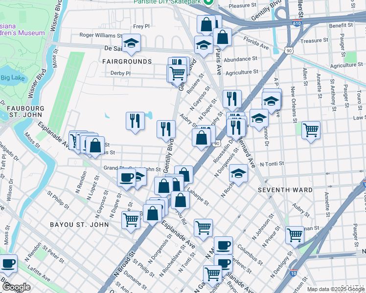 map of restaurants, bars, coffee shops, grocery stores, and more near 1659 North Dupre Street in New Orleans