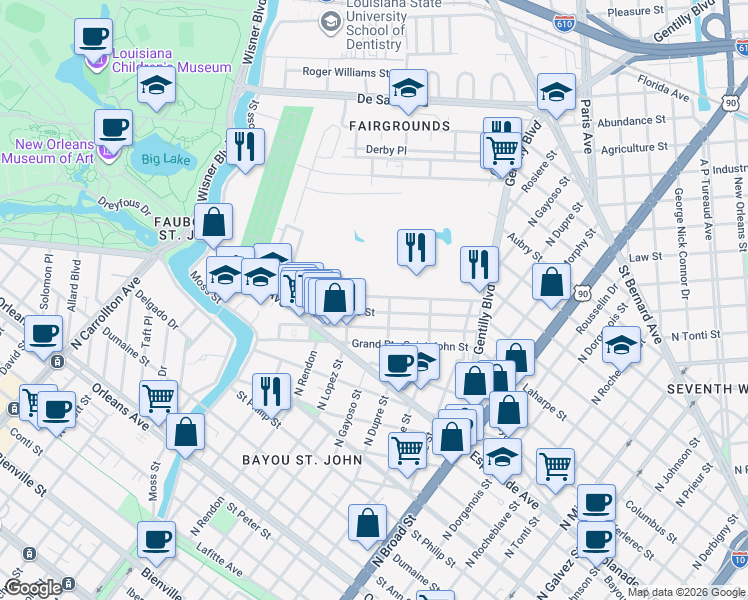 map of restaurants, bars, coffee shops, grocery stores, and more near 19 Fortin Street in New Orleans