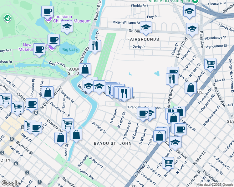 map of restaurants, bars, coffee shops, grocery stores, and more near 3131 Fortin Street in New Orleans