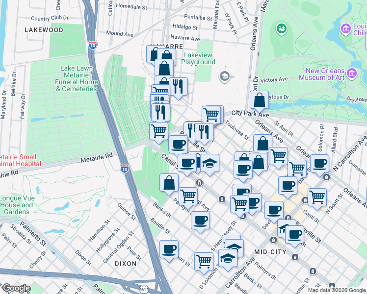 map of restaurants, bars, coffee shops, grocery stores, and more near 4924 Bienville Street in New Orleans