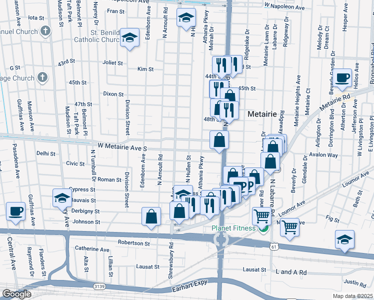 map of restaurants, bars, coffee shops, grocery stores, and more near 3400 West Metairie Avenue North in Metairie